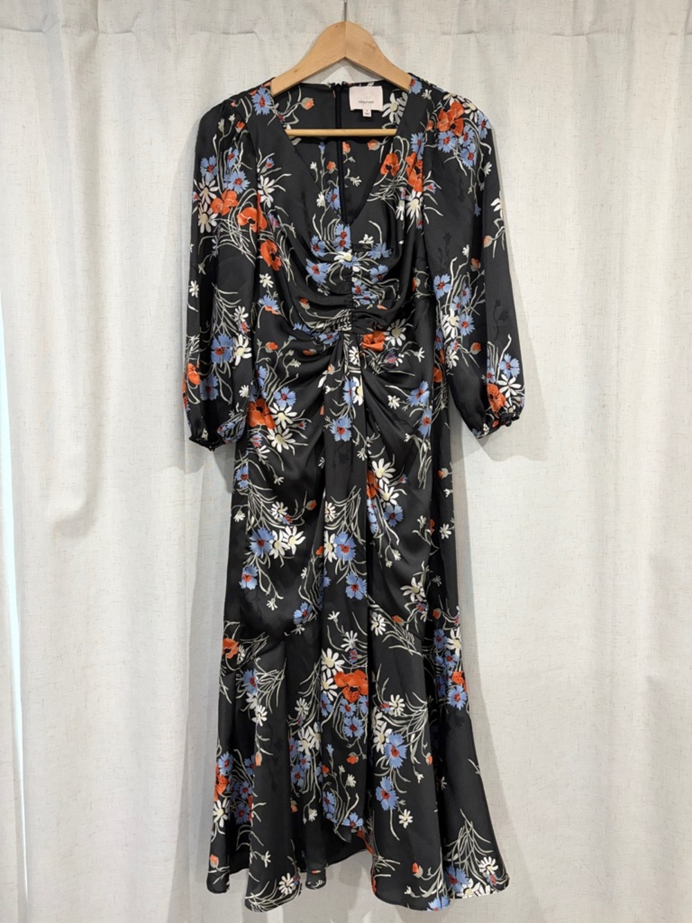 cinq a sept Black Floral Midi Dress with Orange and Blue Blossoms